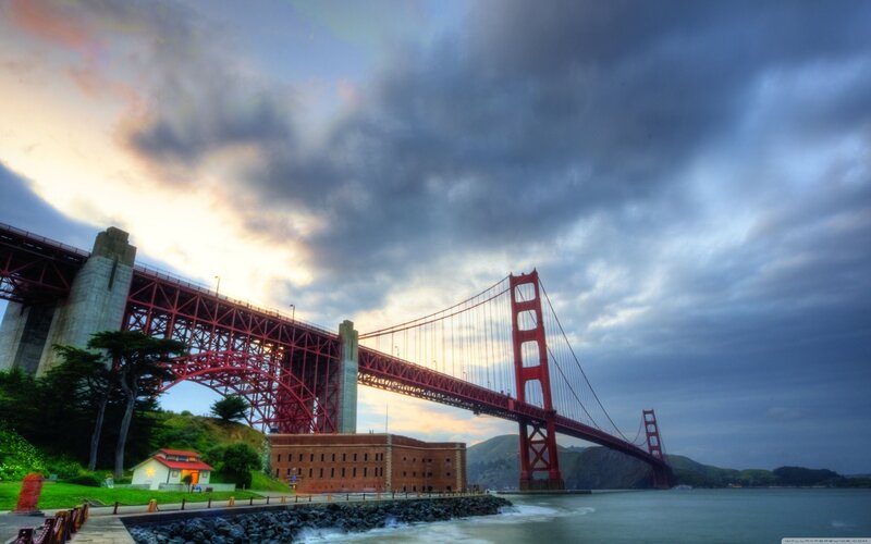 Golden Gate Bridge — Red, Dramatic, Sunset, Photograph, Clouds, Water