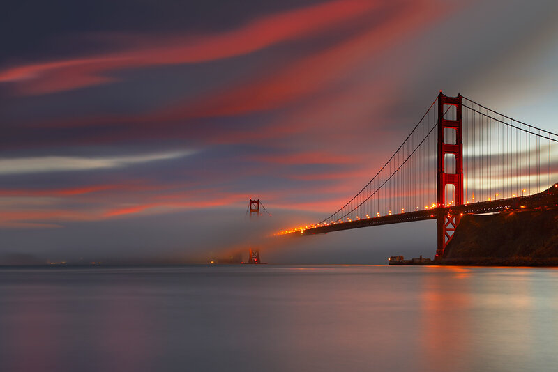 Golden Gate Bridge — Red, Dramatic, Sunset, Photograph, Fog, Sky