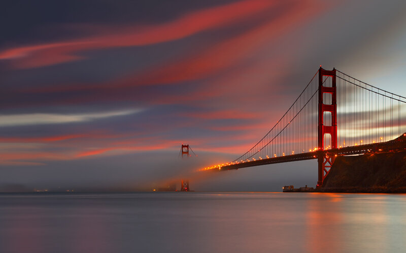 Golden Gate Bridge — Red, Dramatic, Sunset, Photograph, Fog