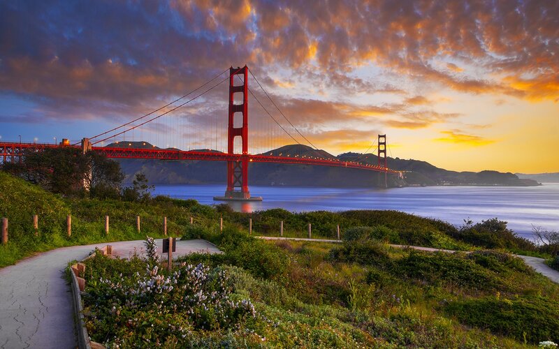 Golden Gate Bridge — Red, Dramatic, Sunset, Photograph, Hills