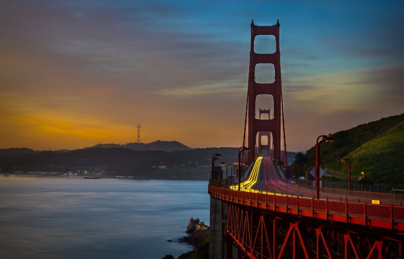 Golden Gate Bridge — Red, Dramatic, Sunset, Photograph, Mountain