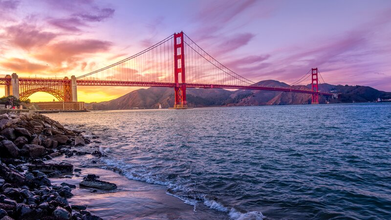 Golden Gate Bridge — Red, Dramatic, Sunset, Photograph, Mountains, Ocean