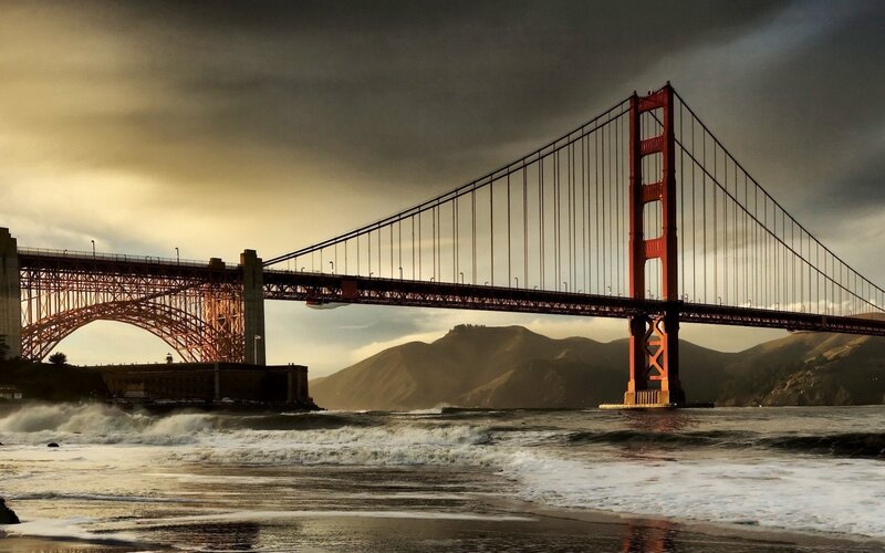 Golden Gate Bridge — Red, Dramatic, Sunset, Photograph, Mountains, Ocean Waves, Sky