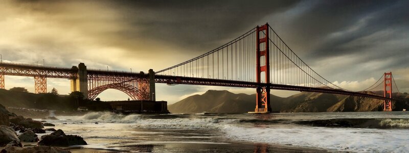 Golden Gate Bridge — Red, Dramatic, Sunset, Photograph, Mountains