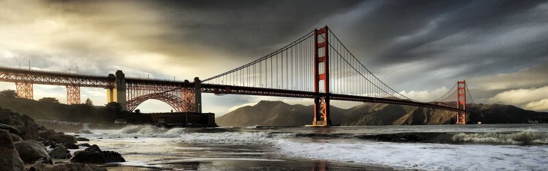 Golden Gate Bridge — Red, Dramatic, Sunset, Photograph, Ocean, Mountains