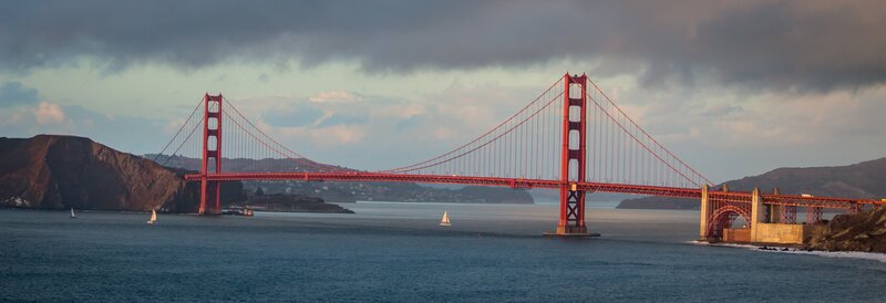 Golden Gate Bridge — Red, Dramatic, Sunset, Photograph, Sailboats
