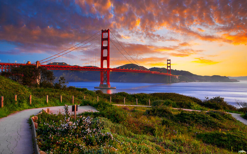 Golden Gate Bridge — Red, Dramatic, Sunset, Photograph, Sky