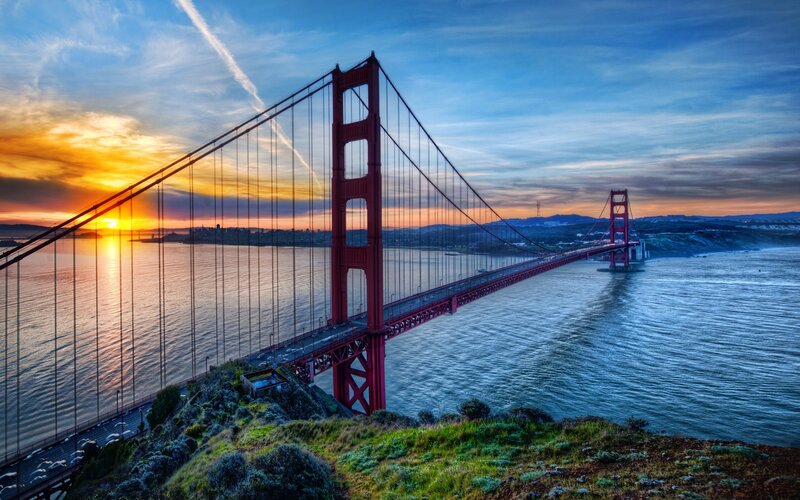 Golden Gate Bridge — Red, Dramatic, Sunset, Photograph, Water