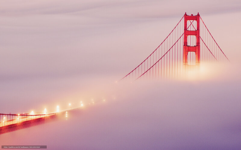 Golden Gate Bridge — Red, Misty, Morning, Photograph, Fog, Lights
