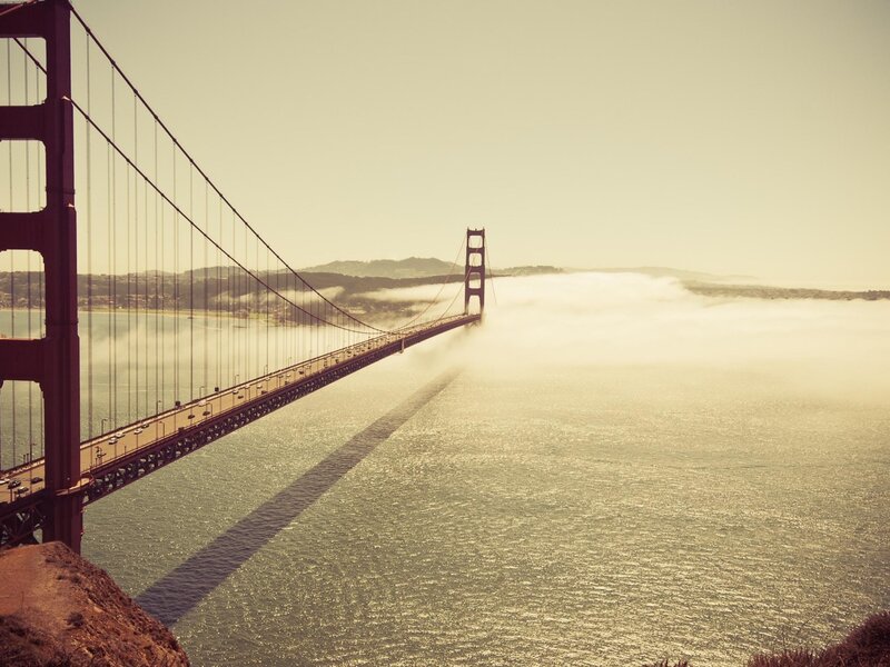 Golden Gate Bridge — Red, Misty, Morning, Photograph, Fog, Water, Hills