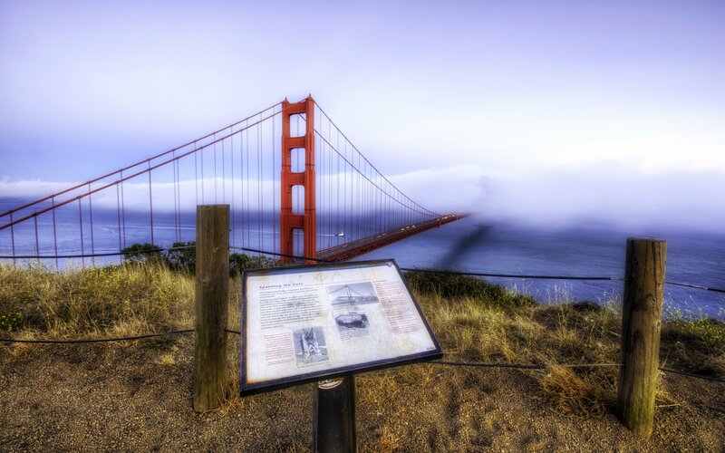 Golden Gate Bridge — Red, Misty, Morning, Photograph, Sign