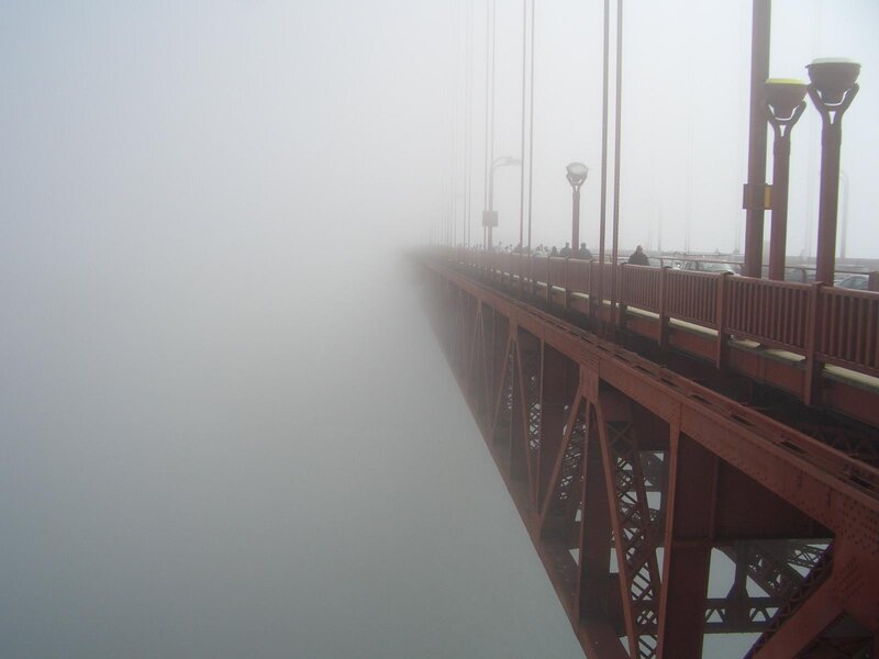 Golden Gate Bridge — Red, Misty, Photograph, Fog, People