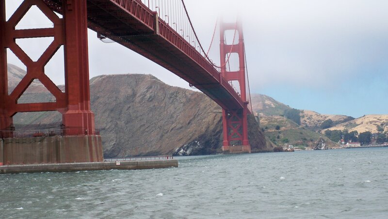 Golden Gate Bridge — Red, Overcast, Photograph, Mountain