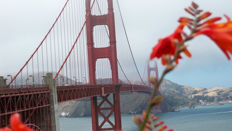 Golden Gate Bridge — Red, Overcast, Photograph