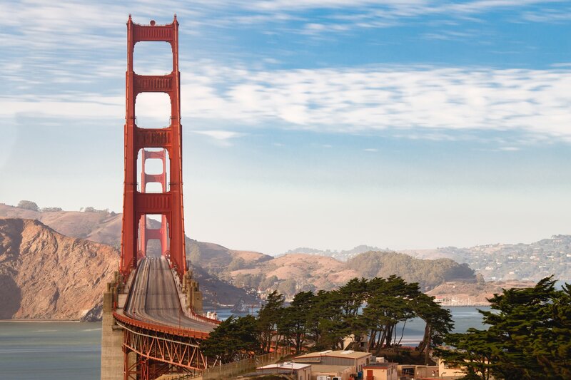 Golden Gate Bridge — Red, Serene, Afternoon, Photograph, Hills, Trees
