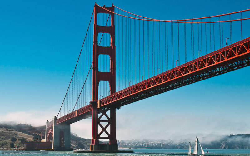 Golden Gate Bridge — Red, Serene, Afternoon, Photograph, Sailboat, Hills