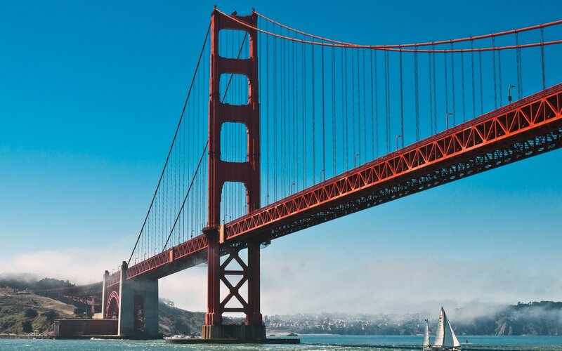Golden Gate Bridge — Red, Serene, Afternoon, Photograph, Sailboat