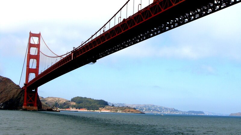 Golden Gate Bridge — Red, Serene, Afternoon, Photograph, Water, Hills
