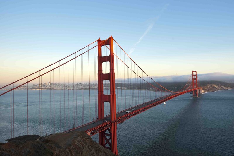 Golden Gate Bridge — Red, Serene, Morning, Photograph, City Skyline