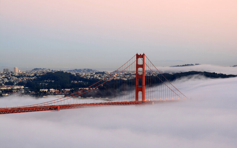 Golden Gate Bridge — Red, Serene, Morning, Photograph, City