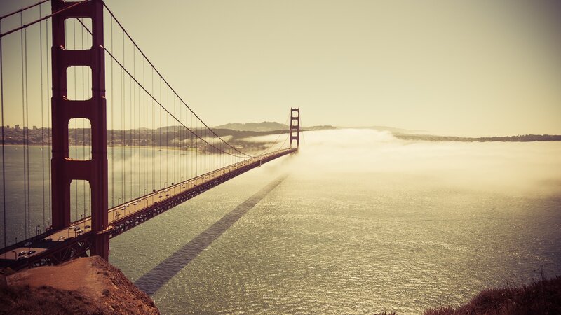 Golden Gate Bridge — Red, Serene, Morning, Photograph, Fog