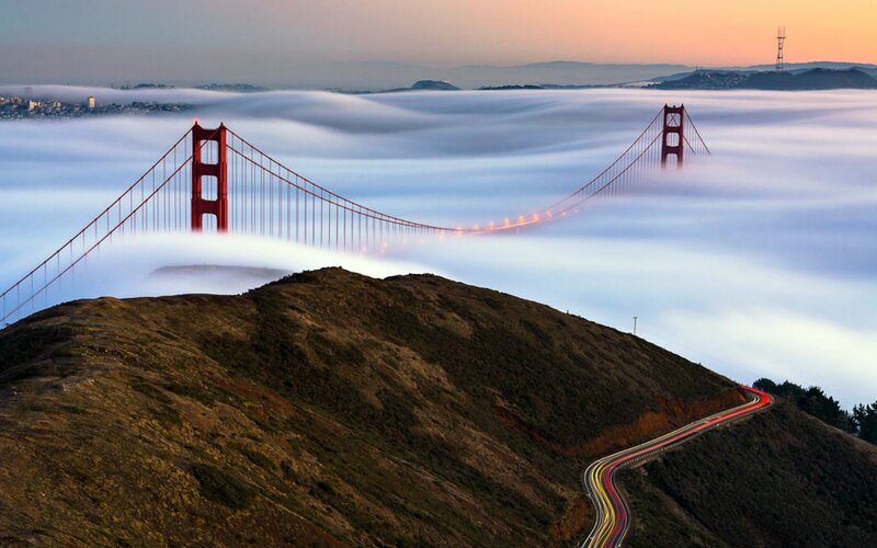 Golden Gate Bridge — Red, Serene, Sunrise