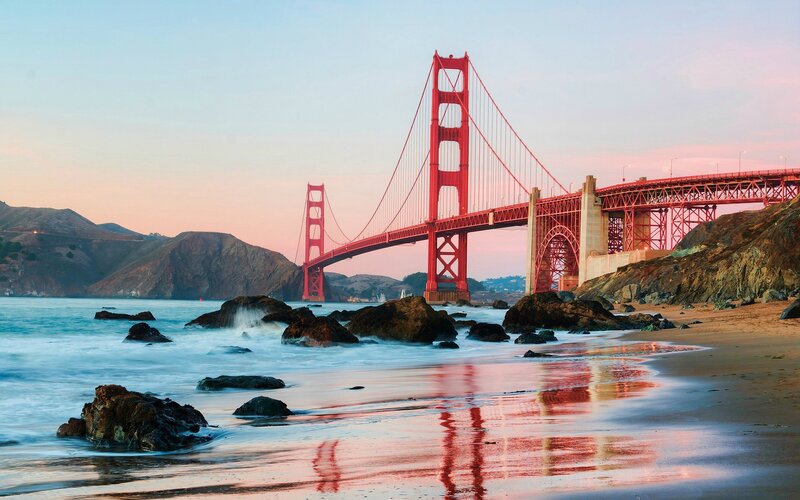 Golden Gate Bridge — Red, Serene, Sunset, Photograph, Beach