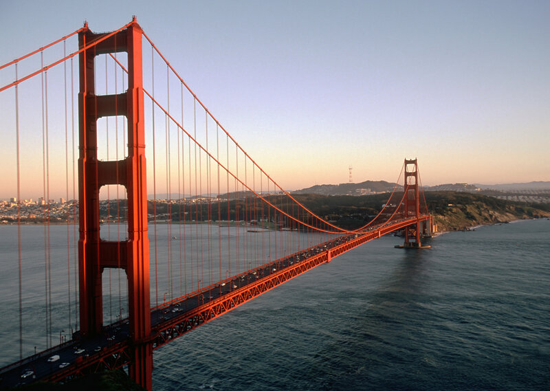 Golden Gate Bridge — Red, Serene, Sunset, Photograph, Cars
