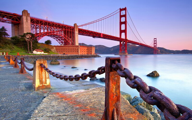 Golden Gate Bridge — Red, Serene, Sunset, Photograph, Chain