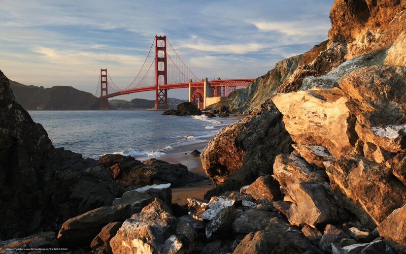 Golden Gate Bridge — Red, Serene, Sunset, Photograph, Rocks