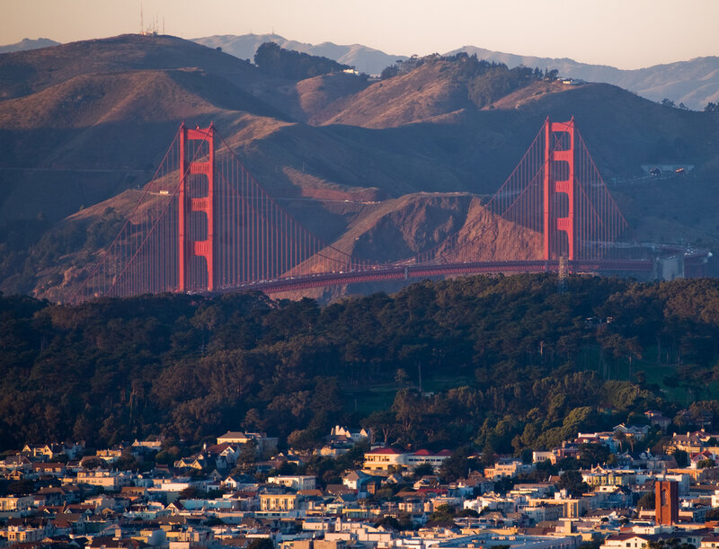 Golden Gate Bridge — Red, Serene, Sunset, Photograph