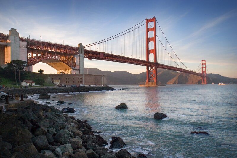 Golden Gate Bridge — Red, Serene, Sunset, Photograph, Water