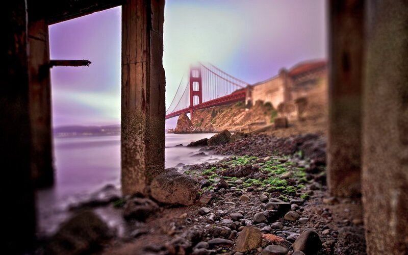 Golden Gate Bridge through ruins
