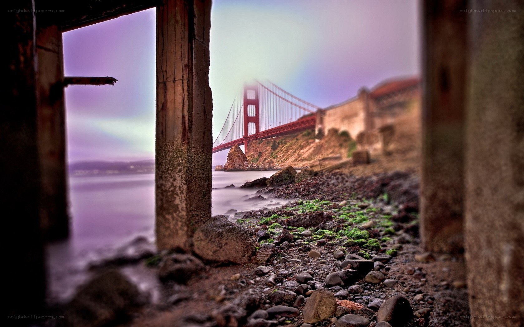 Golden Gate Bridge through ruins