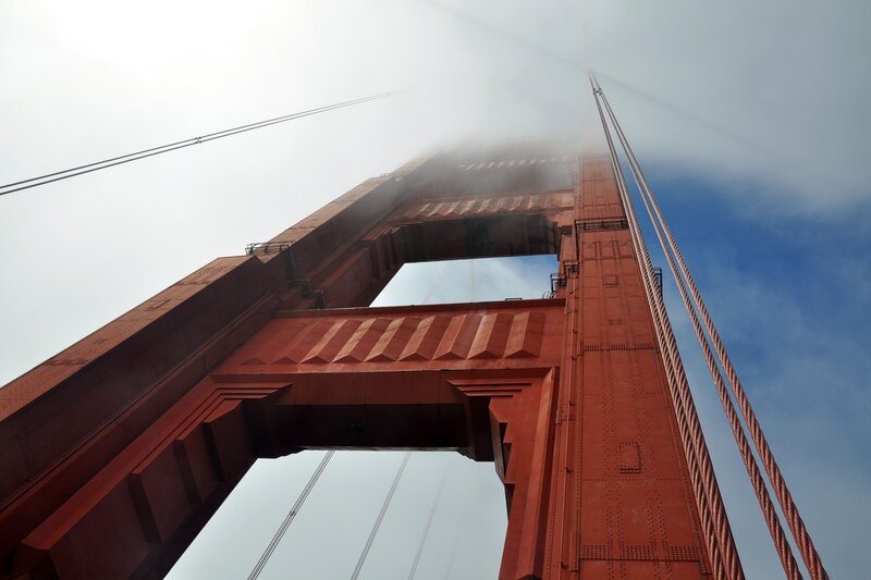 Golden Gate Bridge tower in fog