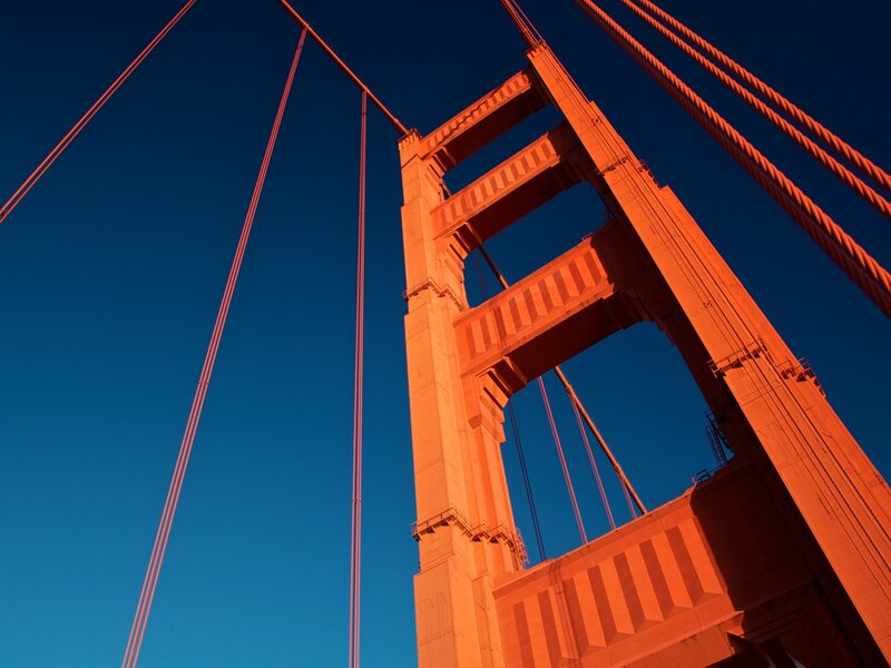Golden Gate Bridge Tower — Orange, Dramatic, Sunset, Photograph, Cables, Sky
