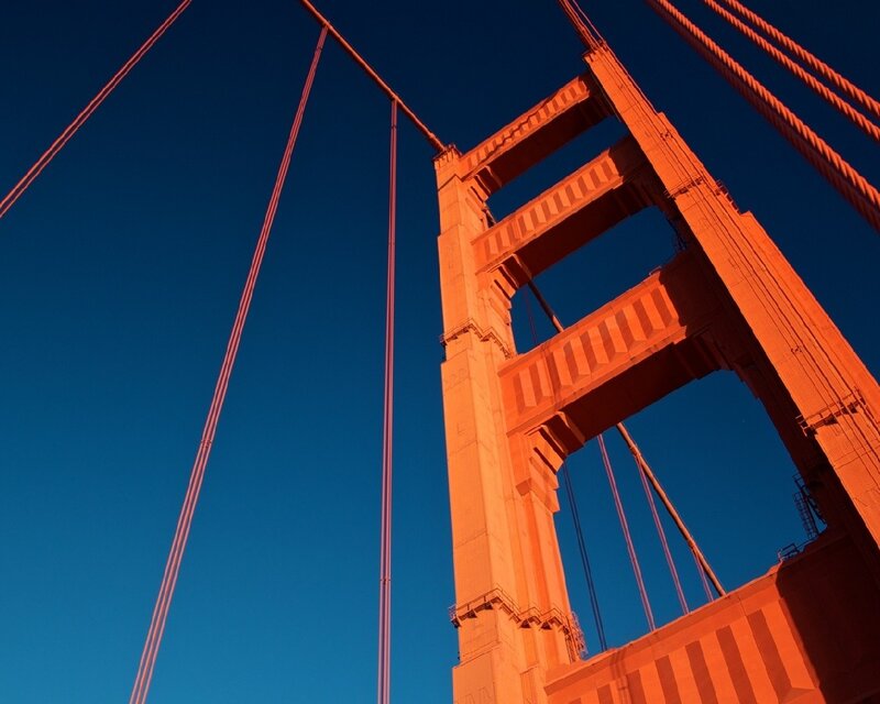 Golden Gate Bridge Tower — Orange, Dramatic, Sunset, Photograph, Cables