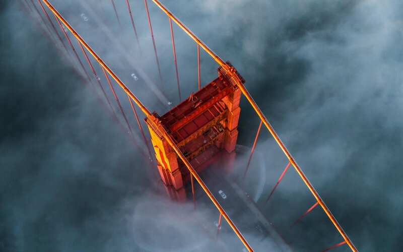 Golden Gate Bridge Tower — Red, Dramatic, Morning