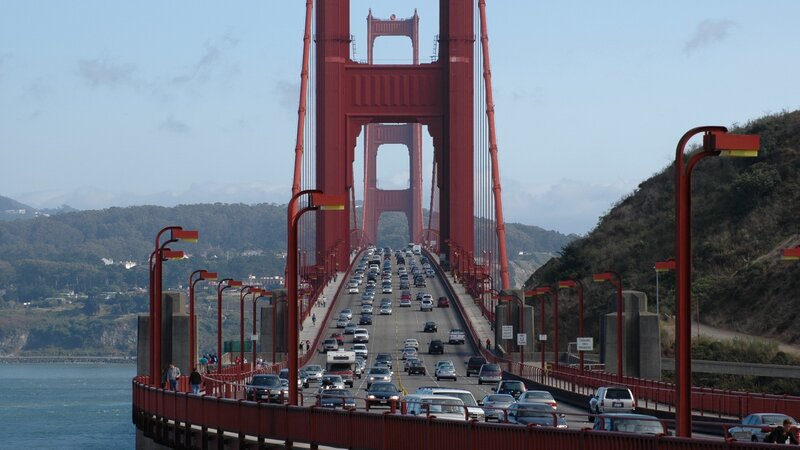 Golden Gate Bridge Traffic — Red, Busy, Afternoon