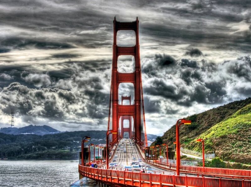 Golden Gate Bridge under dramatic sky