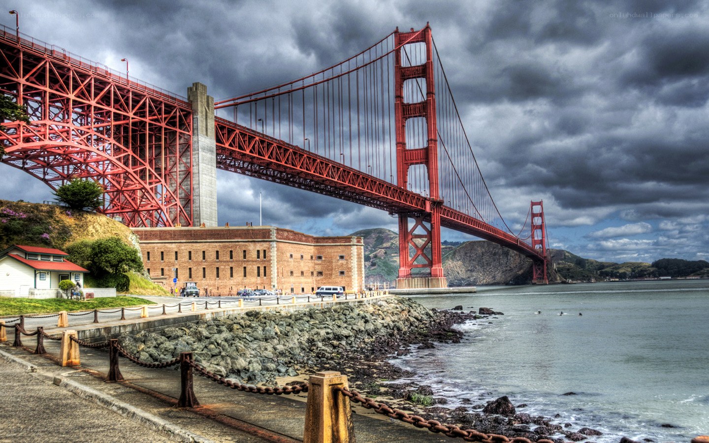Golden Gate Bridge under stormy sky