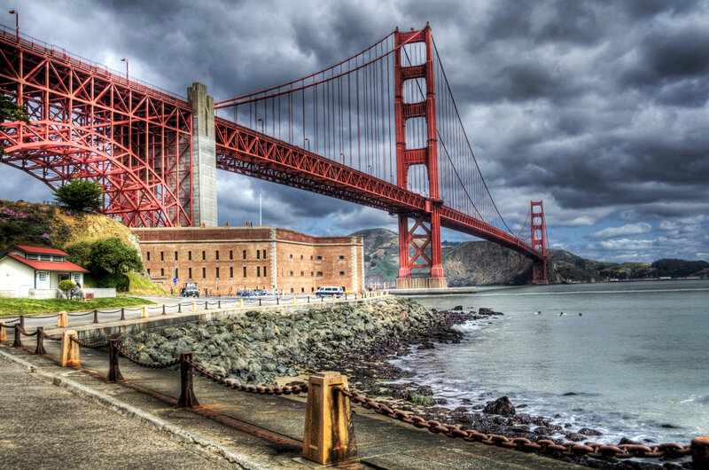 Golden Gate Bridge under stormy sky