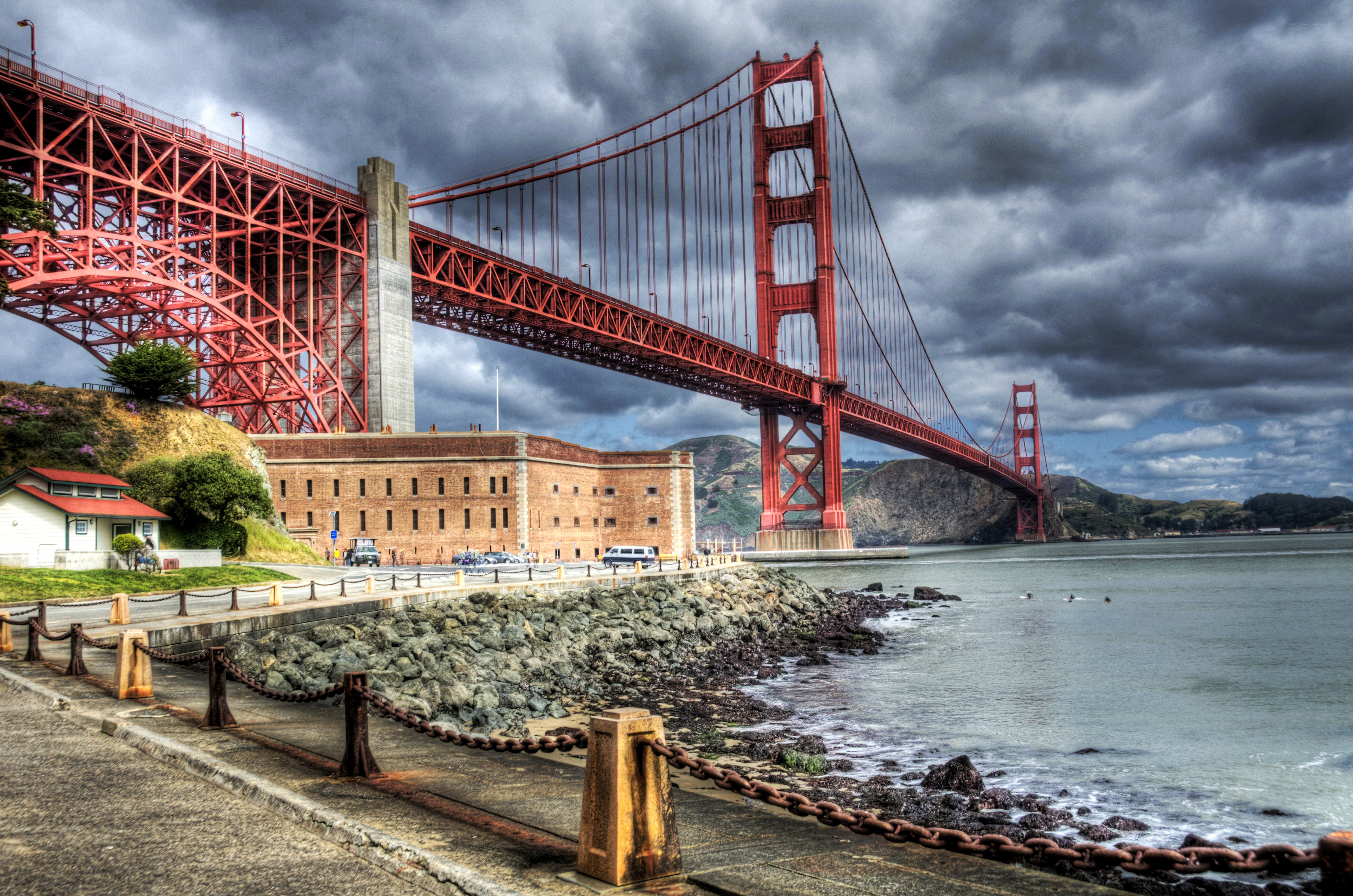 Golden Gate Bridge under stormy sky