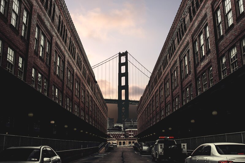 Golden Gate Bridge view from alley