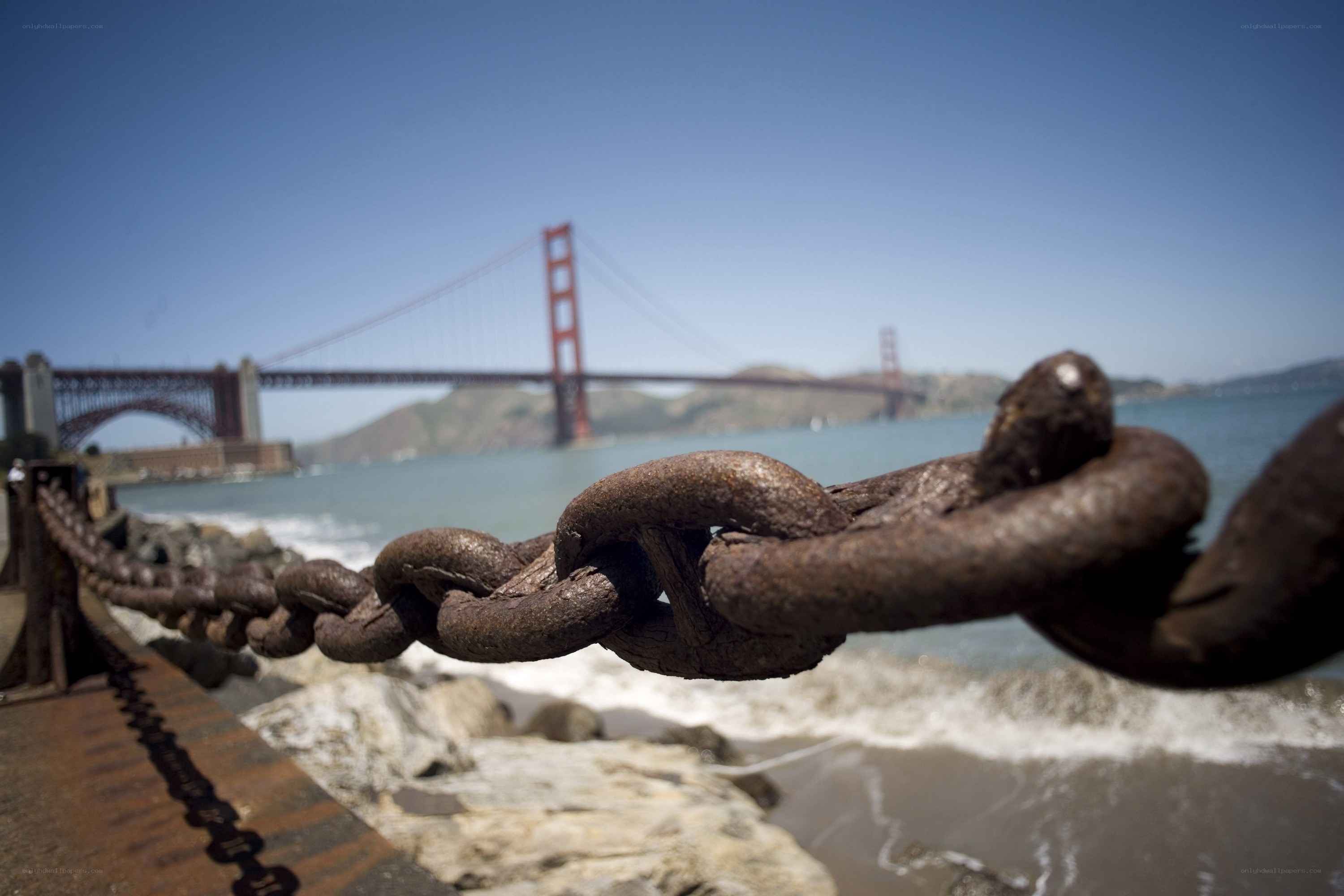 Golden Gate Bridge with chain in foreground