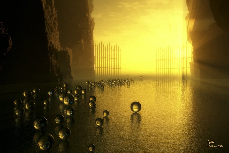 Golden gate with reflective spheres