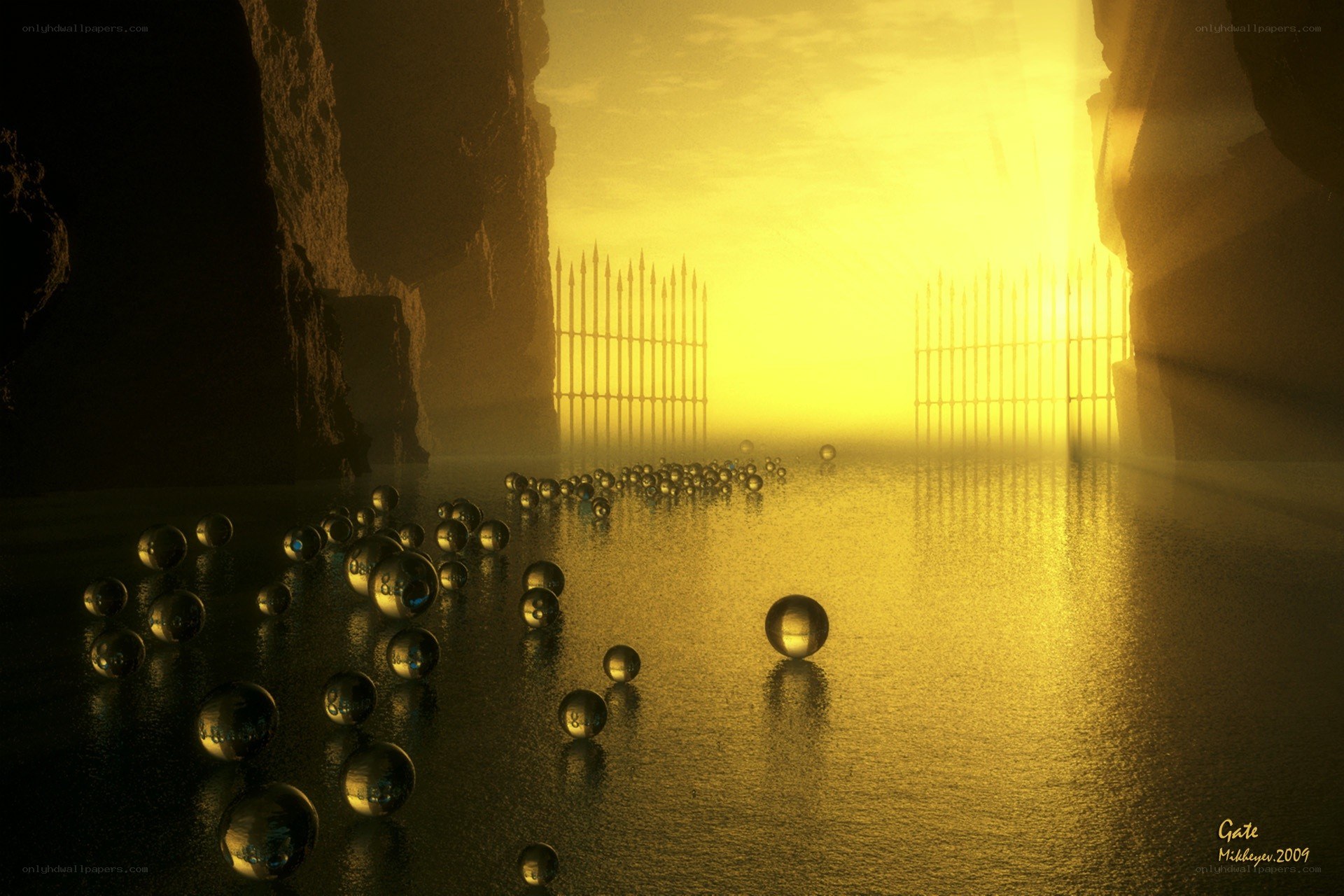 Golden gate with reflective spheres