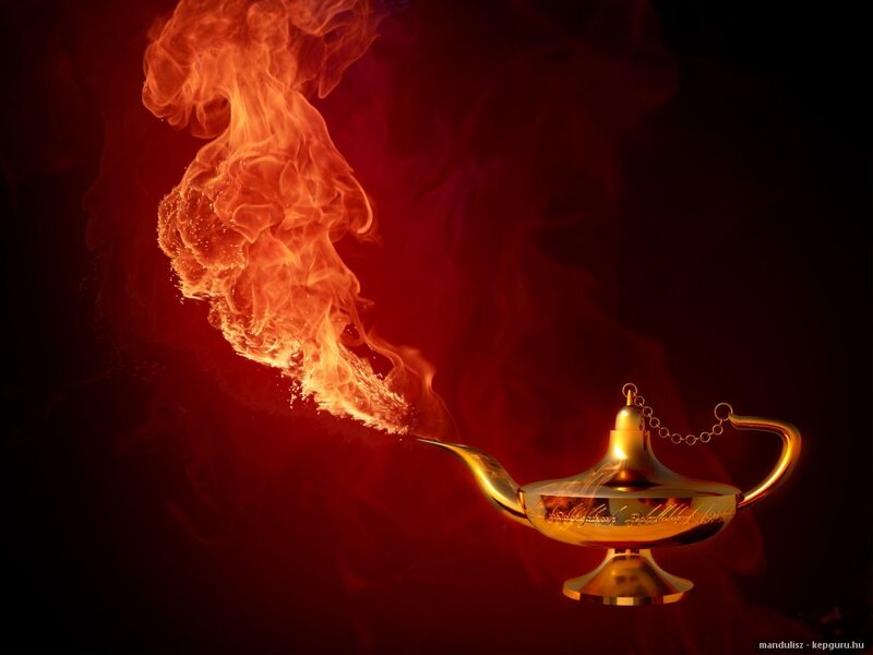 Golden Genie Lamp — Red, Dramatic, Digital Art