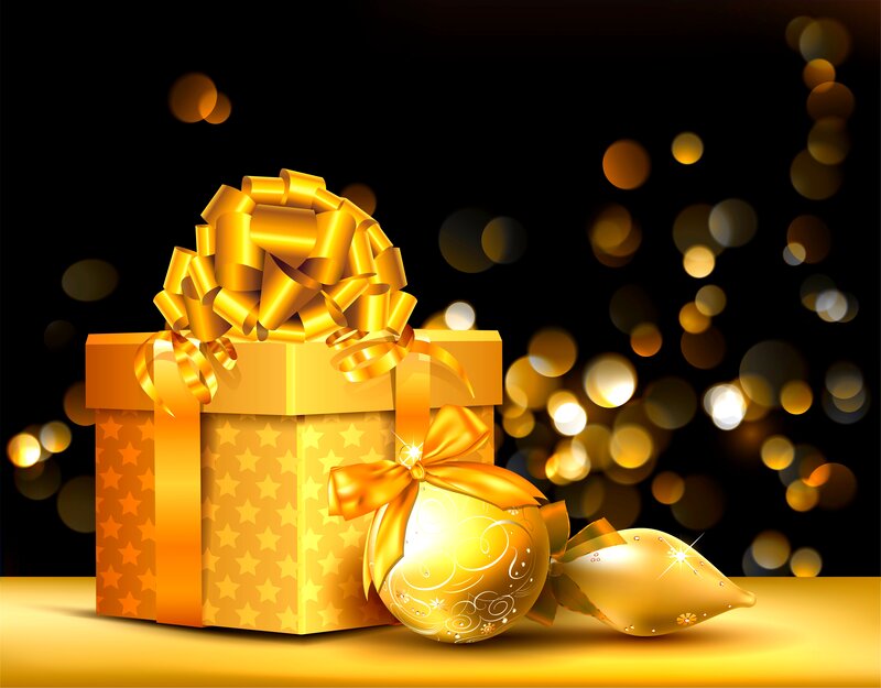 Golden Gift Box and Ornaments — Gold, Festive