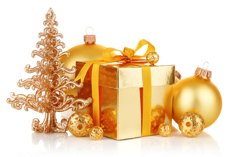Golden Gift Box and Ornaments — Gold